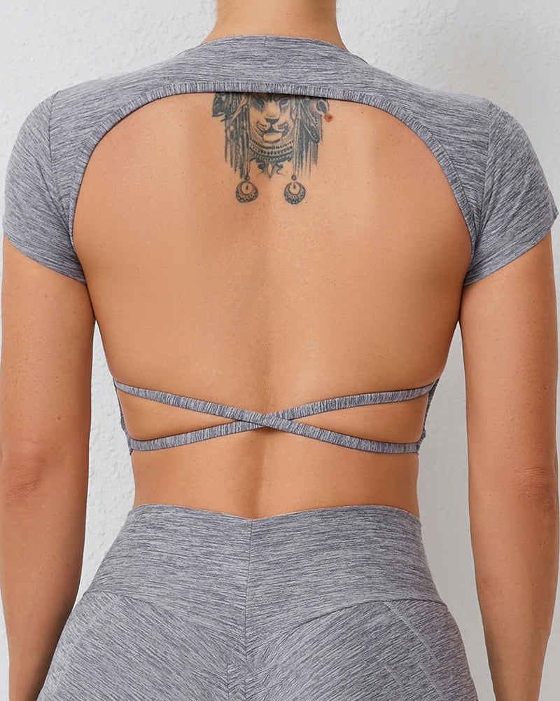 Short Sleeve Backless Removeable Pad Yoga Sports T-shirt Crop Top S-L