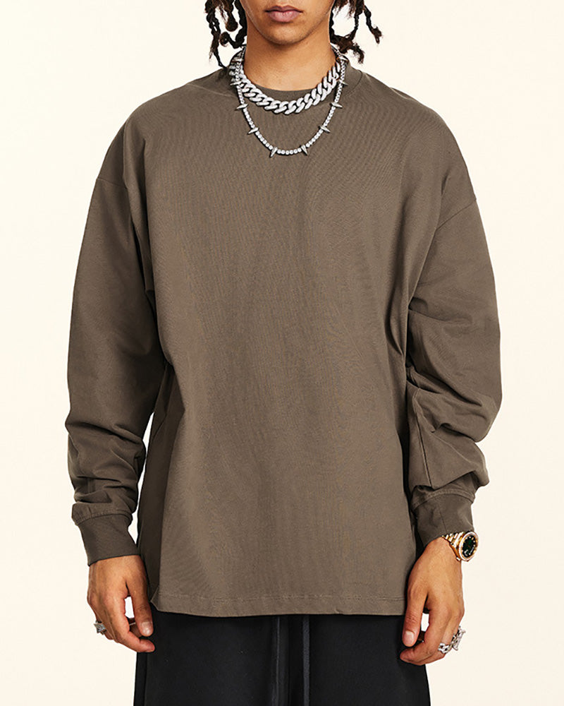 Crew Neck Long Sleeve Solid Color Autumn Loose Sports Basic T-shirt S-2XL