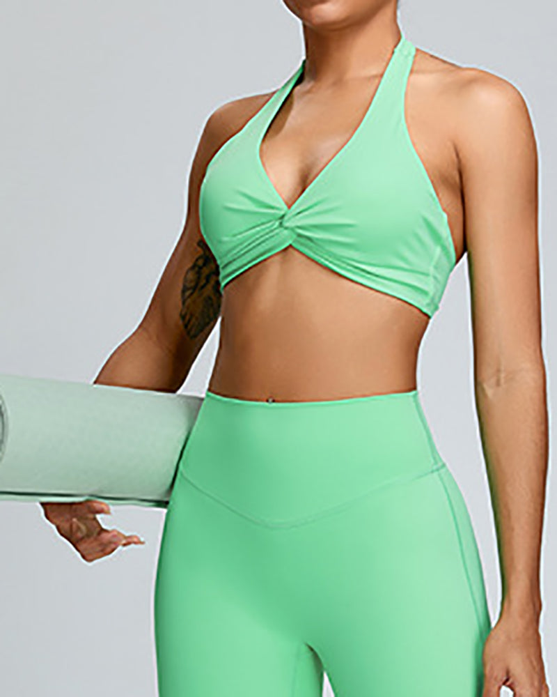 Halter Neck Backless Sports Quick Drying V-neck Bra Pink Yellow Green Blue S-XL