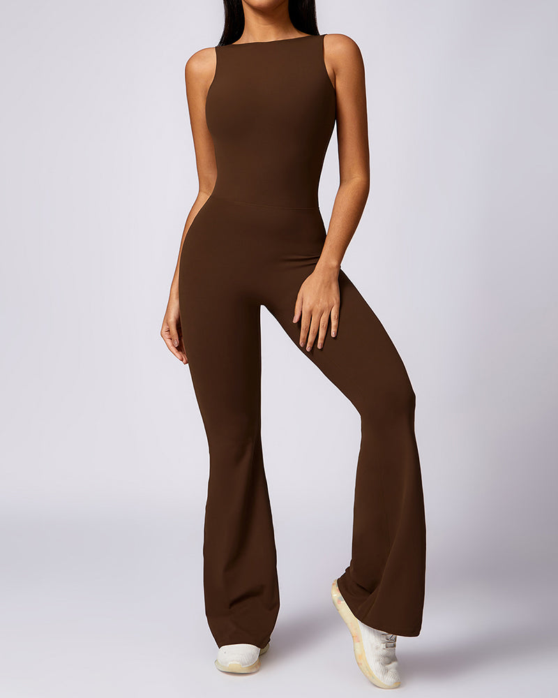 Women Hips Lift Wide Leg Fitness Back Yoga Jumpsuit Black Gray Purple Brown S-XL