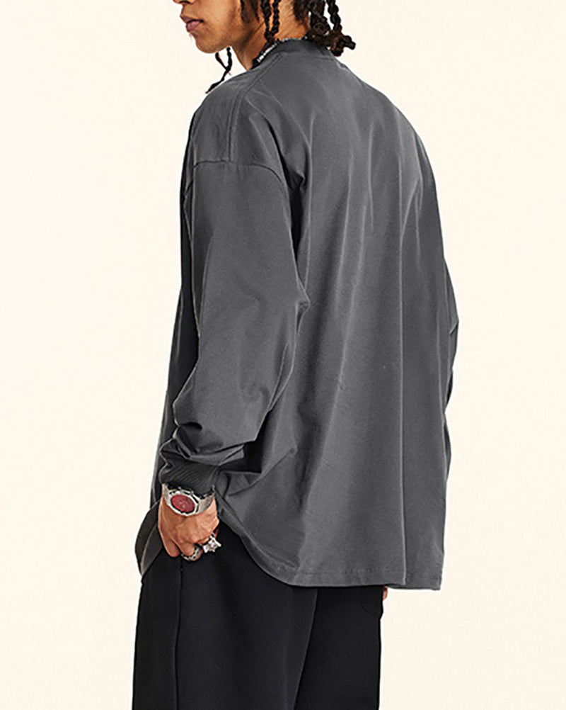 Crew Neck Long Sleeve Solid Color Autumn Loose Sports Basic T-shirt S-2XL