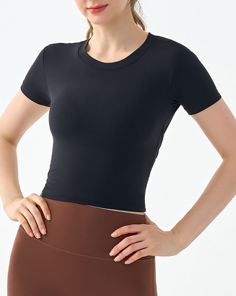 Logo Printed Backless Short Sleeve Women O Neck Slim Fitness T-shirt S-XL