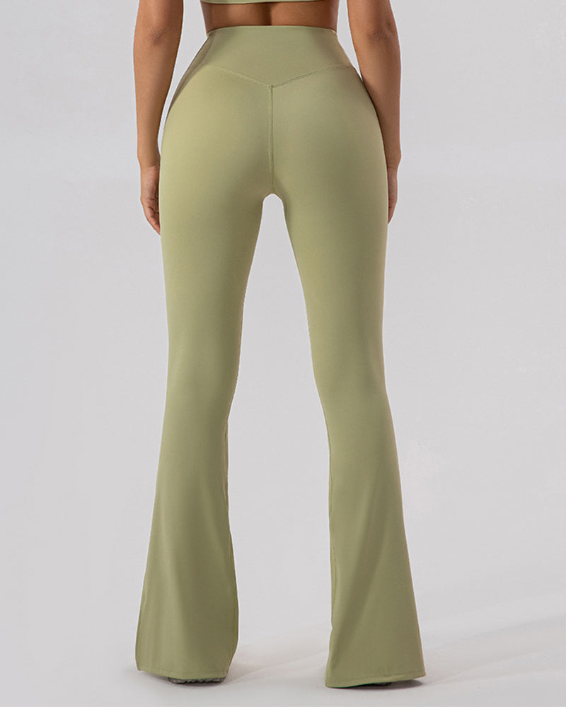Women High Waist Wide Leg Hips Lift Running Sports Pants Black Apricot Brown Green Blue 4-10