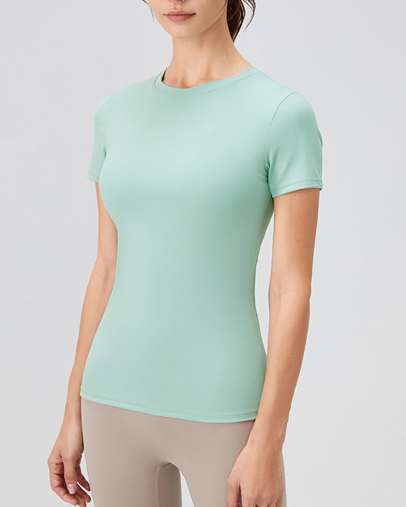 Women Crew Neck Solid Color Short Sleeve Running Quick Drying T-shirt S-XL