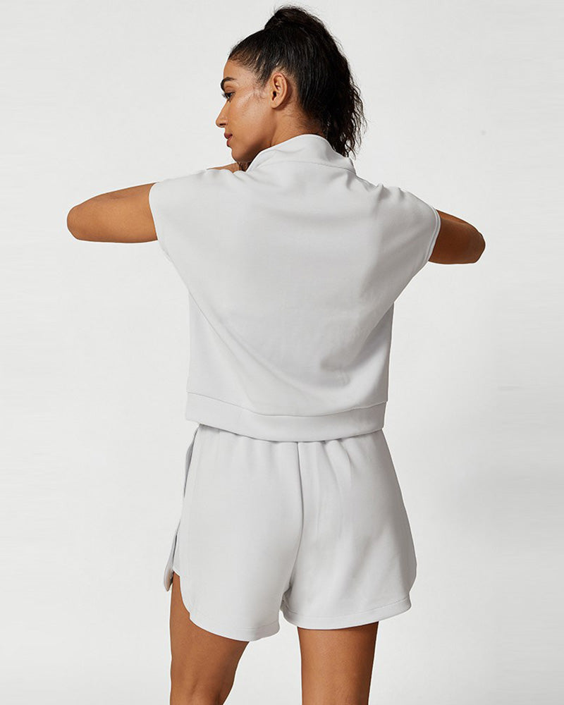 Women Modal Sports Half Zipper Neck Short Sleeve Casual Fitness Shorts Sets Two Piece Set S-L