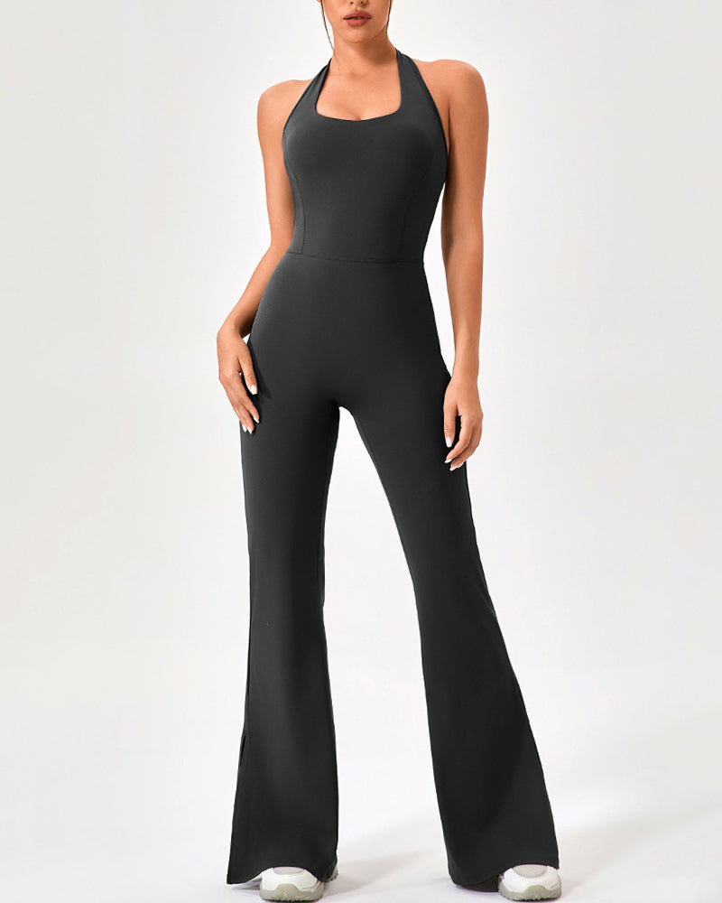 Women Yoga Flared Leg Dance Sleeveless Hips Lift Running Jumpsuit S-2XL