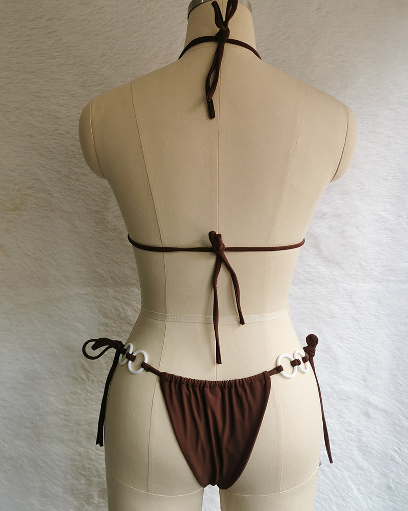 Halter Neck Solid Color Lady Tie Side String Two-piece Swimsuit White Yellow Green Red Purple Black Coffee S-L