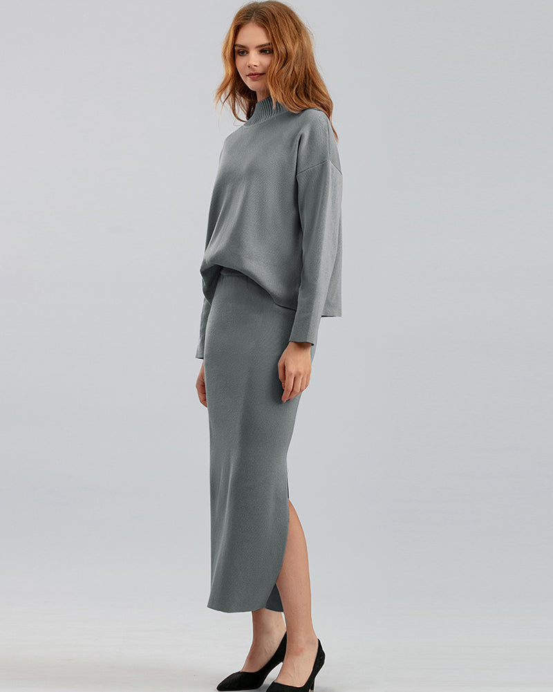 Women Autumn New Knit Casual Fashion Wear Long Sleeve Sweater Top Maxi Skirt Two Pieces Sets One Size