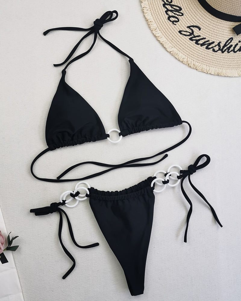 Halter Neck Solid Color Lady Tie Side String Two-piece Swimsuit White Yellow Green Red Purple Black Coffee S-L