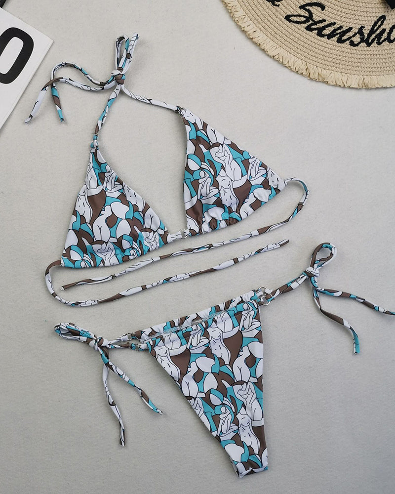 Sexy Halter Neck Florals Solid Colorful Tie Side String Two-piece Swimsuit S-L