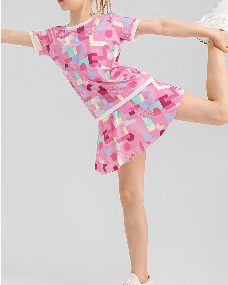 Summer Bubble Printed Girls O Neck Short Sleeve Sports T-shirts Pink Yellow Purple Rosy 120-150