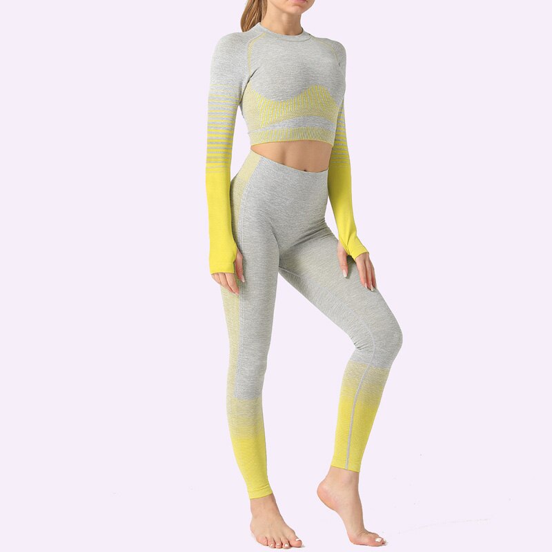 2 Piece Seamless Women Yoga Set Long Sleeve Top High Waist Pants Belly Control Sport Leggings Workout Gym Clothes Seamless Sport Suit OM9253