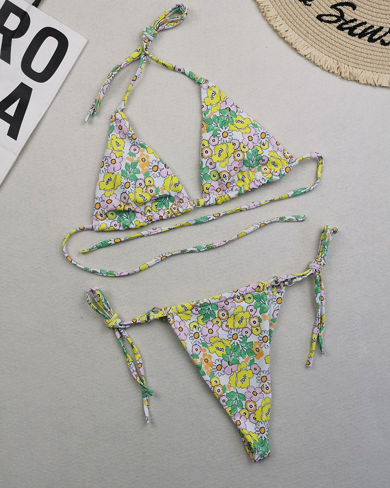 Sexy Halter Neck Florals Solid Colorful Tie Side String Two-piece Swimsuit S-L