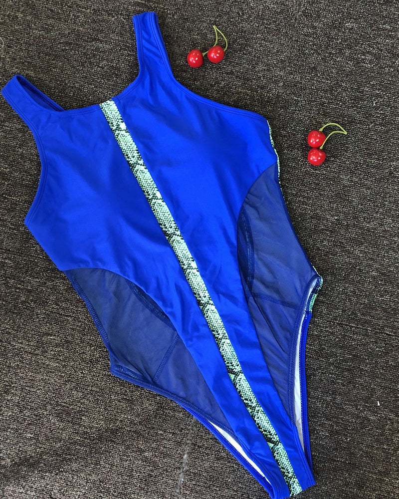 Blue Mesh Summer Hot One Piece Swimsuit S-L
