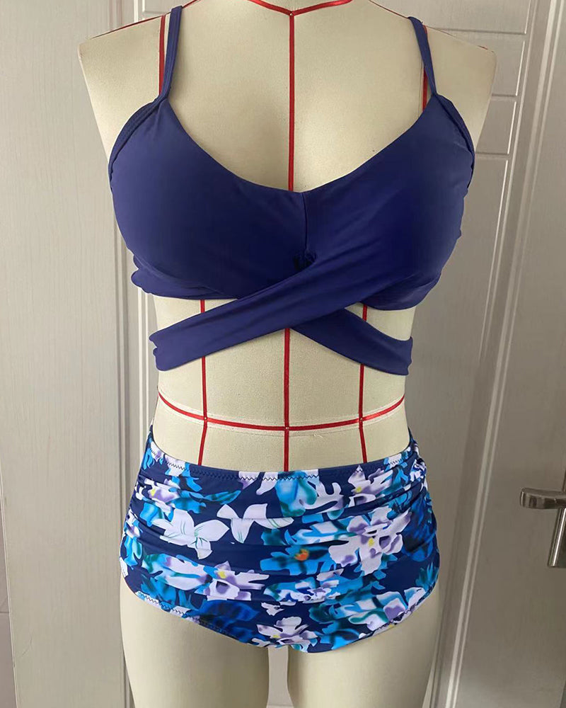 Women Fashion Women Strap Florals Printed High Waist Two-piece Swimsuit Sexy Bikini S-XL