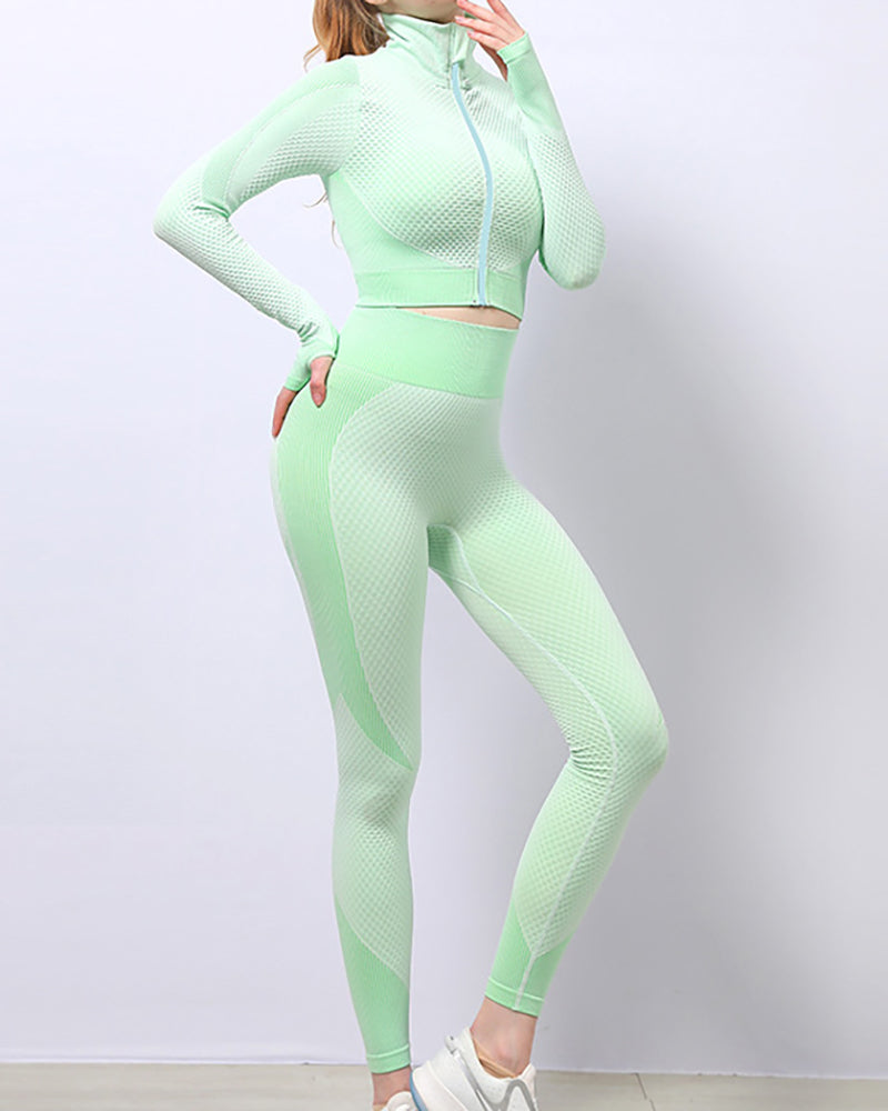 Multicolor Women Colorblock Fashion New Long Sleeve High Elastic Three Piece Set S-XL