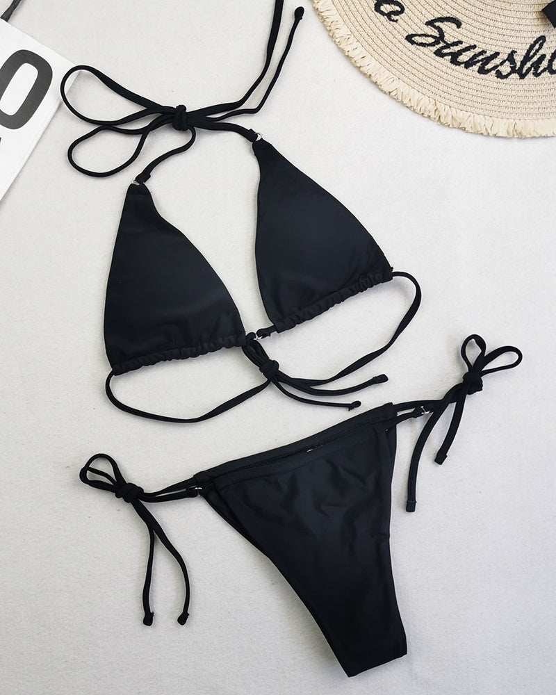 Sexy Halter Neck Florals Solid Colorful Tie Side String Two-piece Swimsuit S-L