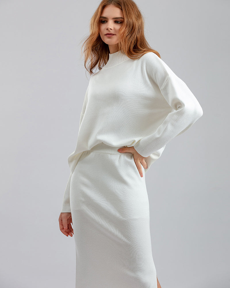 Women Autumn New Knit Casual Fashion Wear Long Sleeve Sweater Top Maxi Skirt Two Pieces Sets One Size