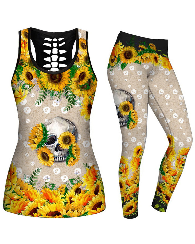Women Casual Yoga Sport Sleeveless Suit T Shirt YinYang Cat Print 3D Tank Tops Pants Cool Flower Skull Tanks Back Hollow out Vest Casual Tees