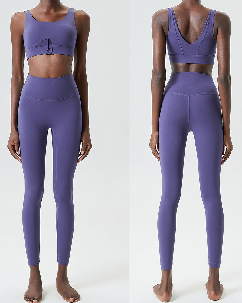U-Back Zipper Front High Elastic Running High Waist Pants Yoga Two-piece Set S-XL