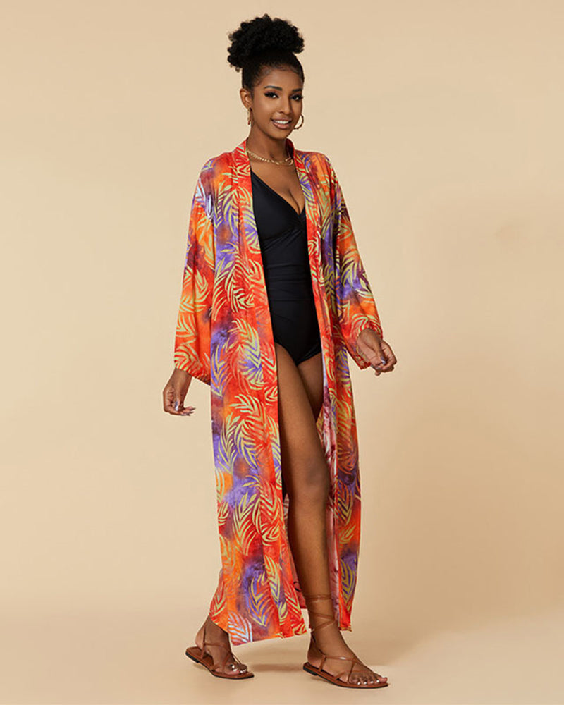 Fashion Printed Long Sleeve Vacation Loose Kimonos Beach Cover Ups One Size