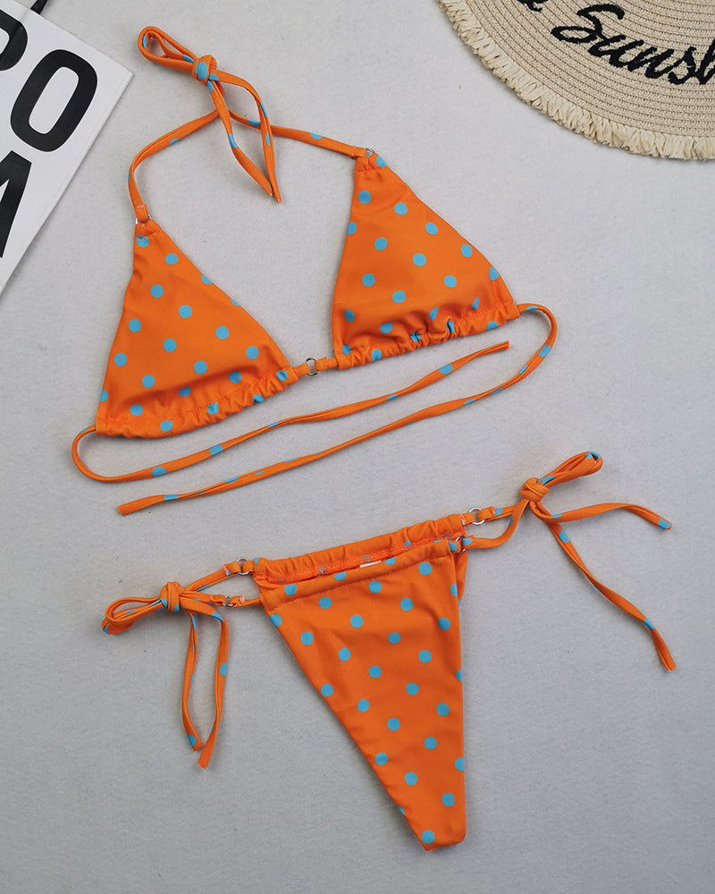 Sexy Halter Neck Florals Solid Colorful Tie Side String Two-piece Swimsuit S-L