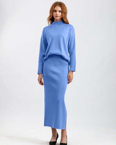 Women Autumn New Knit Casual Fashion Wear Long Sleeve Sweater Top Maxi Skirt Two Pieces Sets One Size