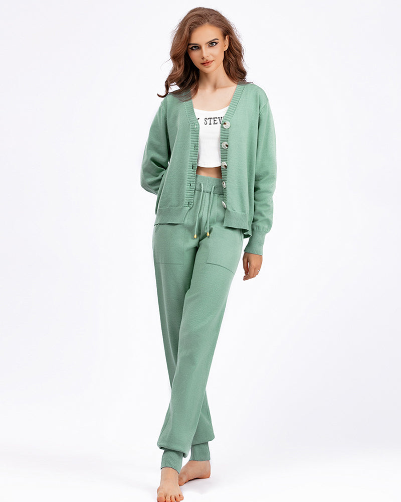 Autumn Knit V Neck Long Sleeve Cardigan Pocket Trousers Two Piece Sets One Size