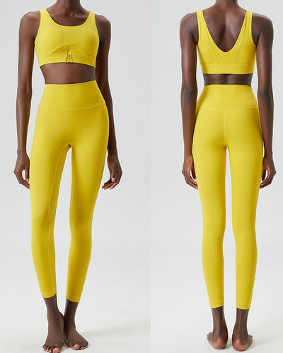 U-Back Zipper Front High Elastic Running High Waist Pants Yoga Two-piece Set S-XL