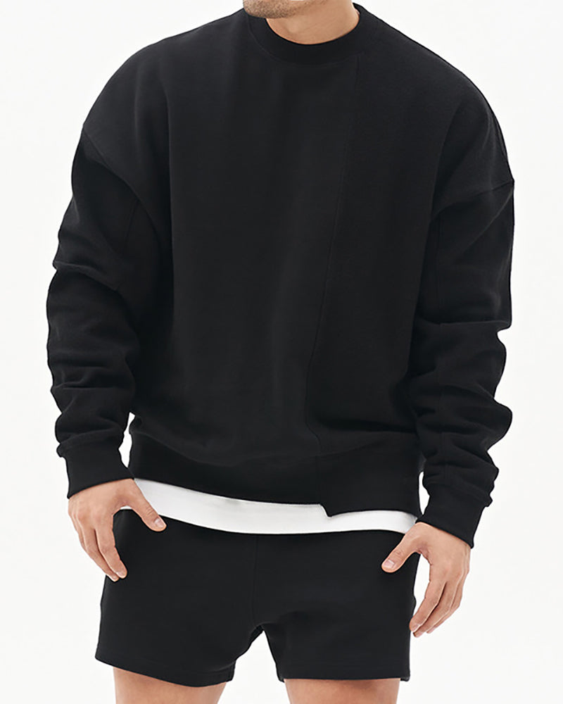 Autumn Long Sleeve Crew Neck Patchwork Sweatshirt Gray Khaki Black Brown Beige M-3XL