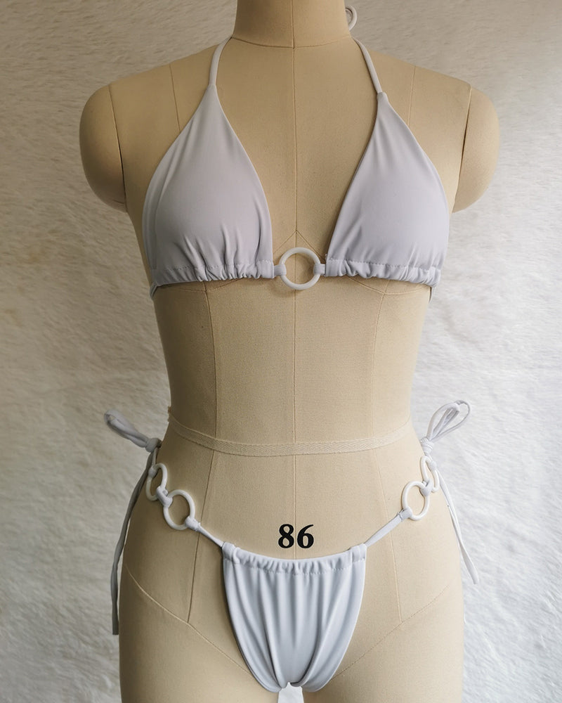 Halter Neck Solid Color Lady Tie Side String Two-piece Swimsuit White Yellow Green Red Purple Black Coffee S-L