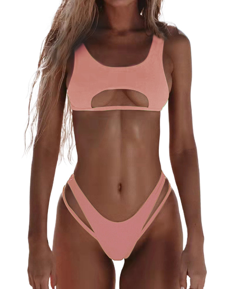 Multi-color Optional High Waisted Solid Color 2022 Hollow Out Sexy Women Bikini Two-piece Swimsuit S-XL