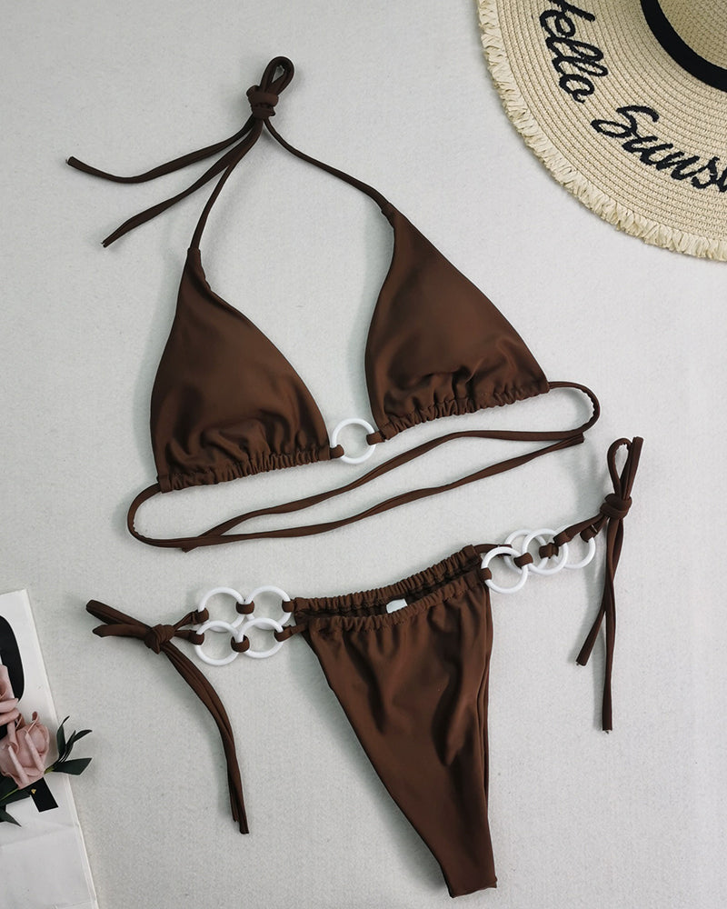 Halter Neck Solid Color Lady Tie Side String Two-piece Swimsuit White Yellow Green Red Purple Black Coffee S-L