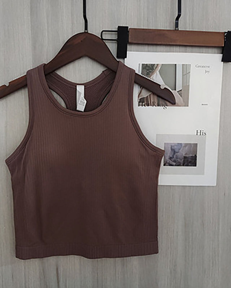 Women Sleeveless Solid Color Yoga Sports Vest With Pad S-L