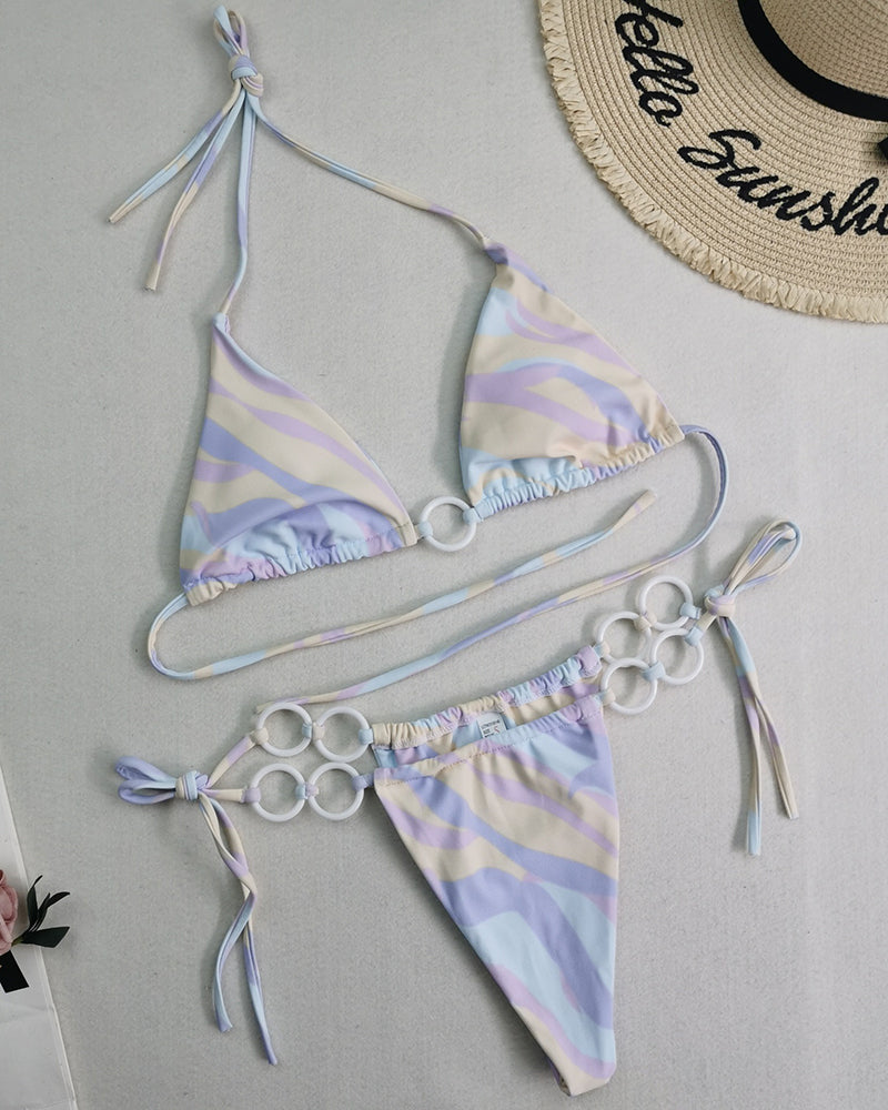 Halter Neck Solid Color Lady Tie Side String Two-piece Swimsuit White Yellow Green Red Purple Black Coffee S-L