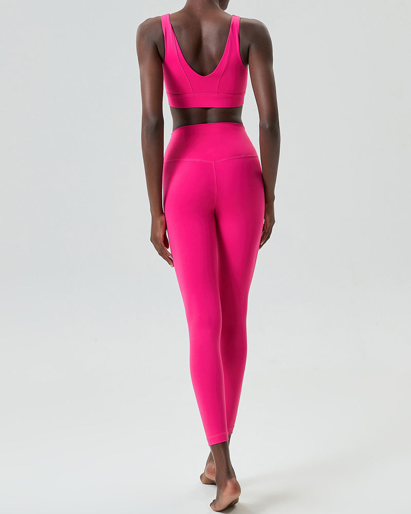 U-Back Zipper Front High Elastic Running High Waist Pants Yoga Two-piece Set S-XL