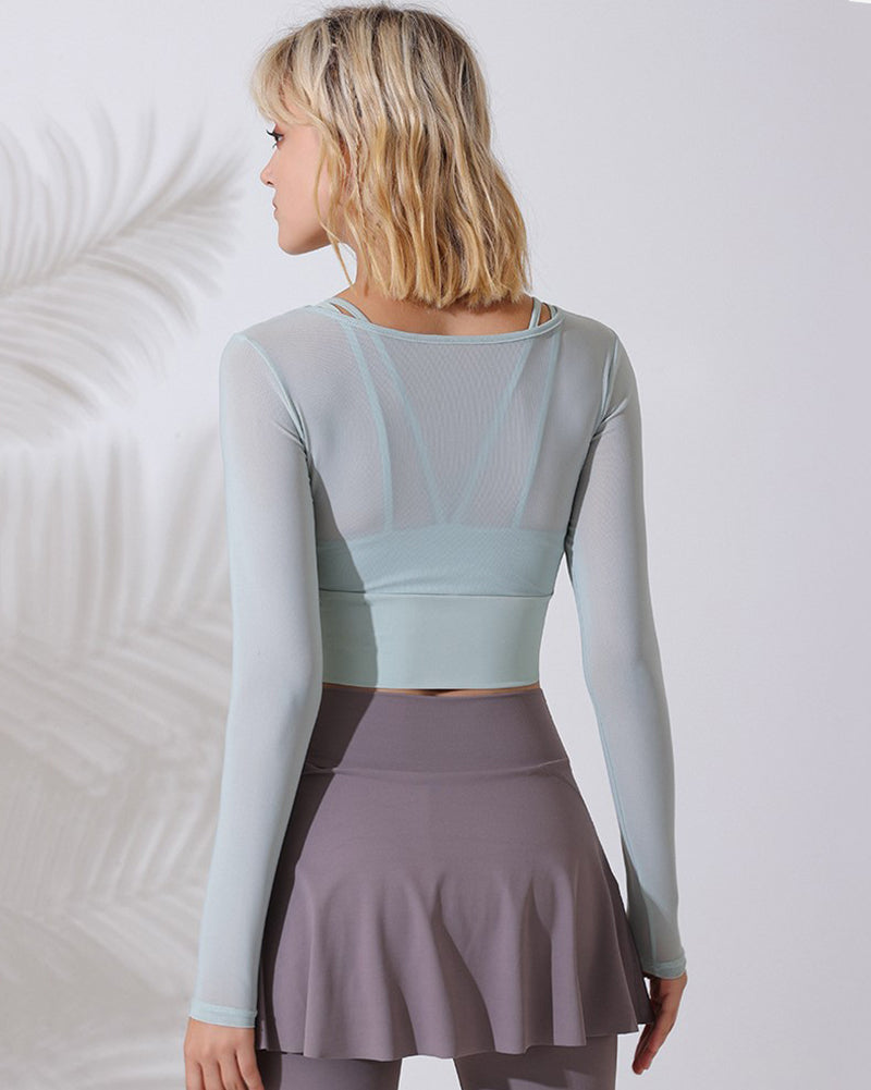 Autumn Winter Mesh Long Sleeve Fake Two Piece Slim Top S-L