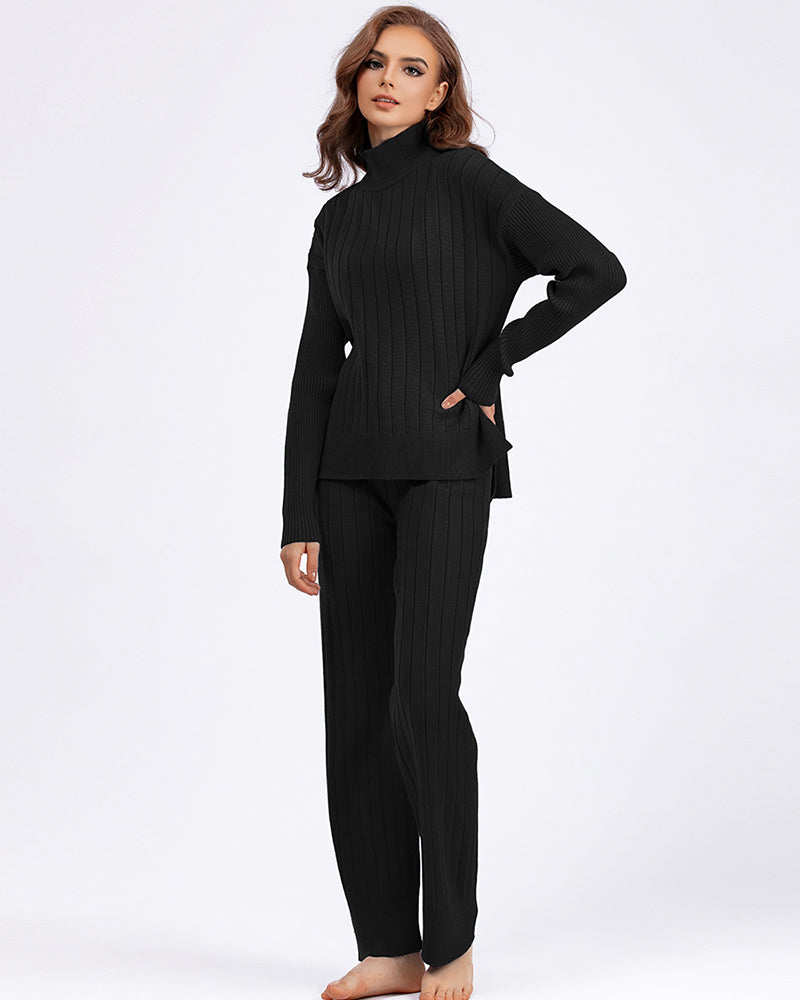 Autumn New High Neck Sweater Suit Warm Pullover Two Pieces Sets One Size