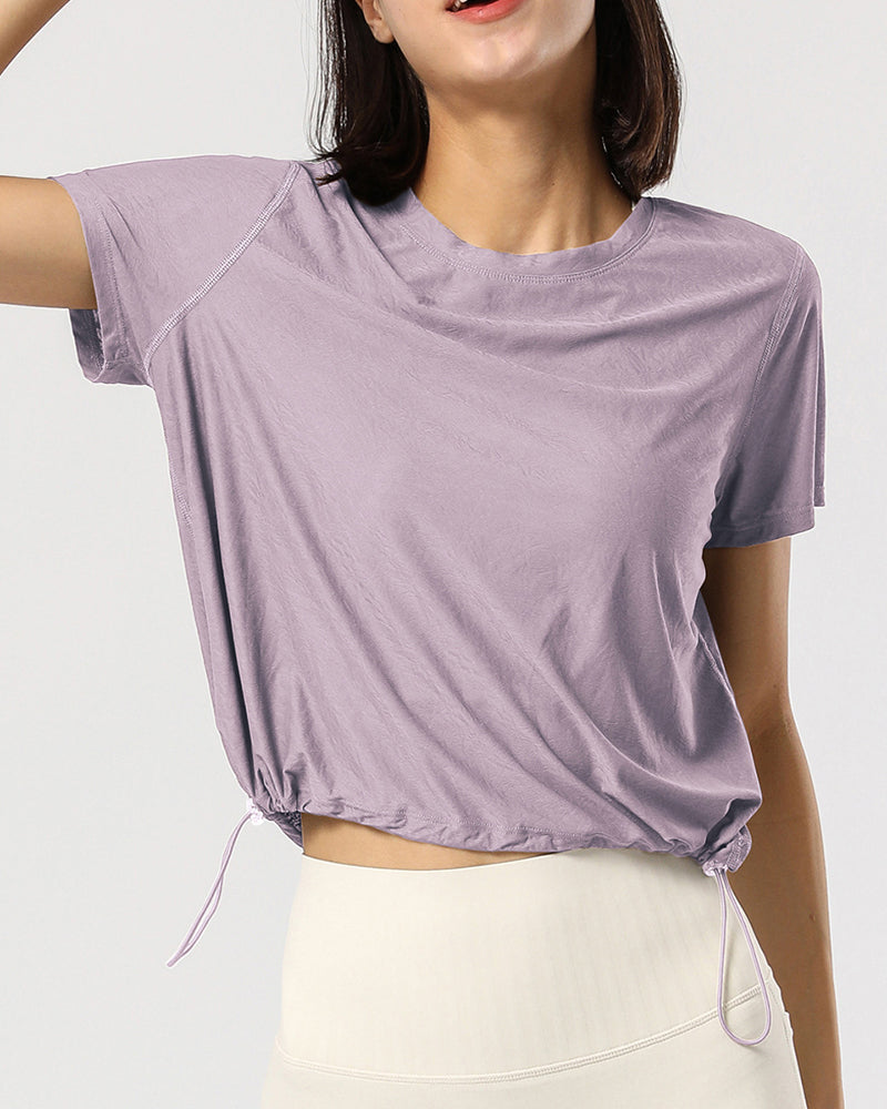 Women Loose Drawstring Fitness Yoga Quickly Dry Sports Short Sleeve T Shirts Beige Brown Green Purpel S-XL