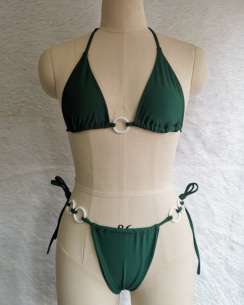 Halter Neck Solid Color Lady Tie Side String Two-piece Swimsuit White Yellow Green Red Purple Black Coffee S-L
