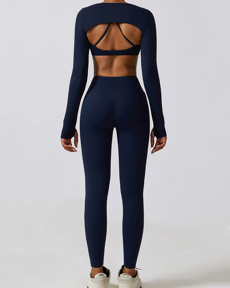 Woman Long Sleeve Solid Color Bra Cover Pants Sets Yoga Three-piece Sets Black Gray Green Blue Purple S-XL
