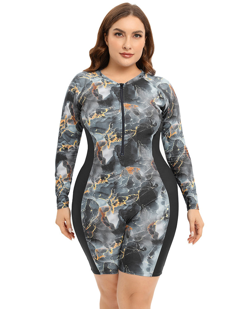 Women Zipper Front Long Sleeve Romper Plus Size Swimwear Diving Suit L-3XL