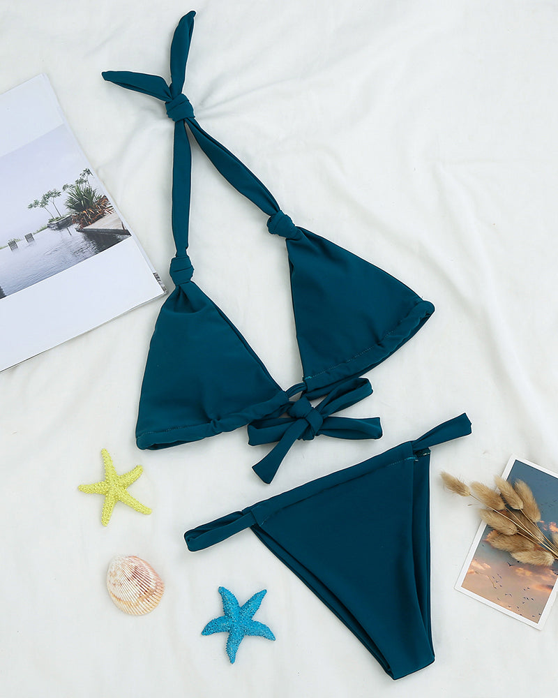 Women Solid Color High Waist Sexy Bikini Two-piece Swimsuit Pink Blue Black Purple S-L