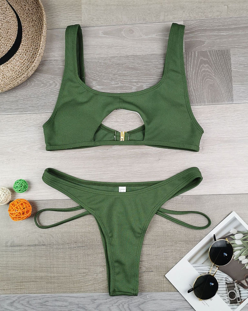 Multi-color Optional High Waisted Solid Color 2022 Hollow Out Sexy Women Bikini Two-piece Swimsuit S-XL