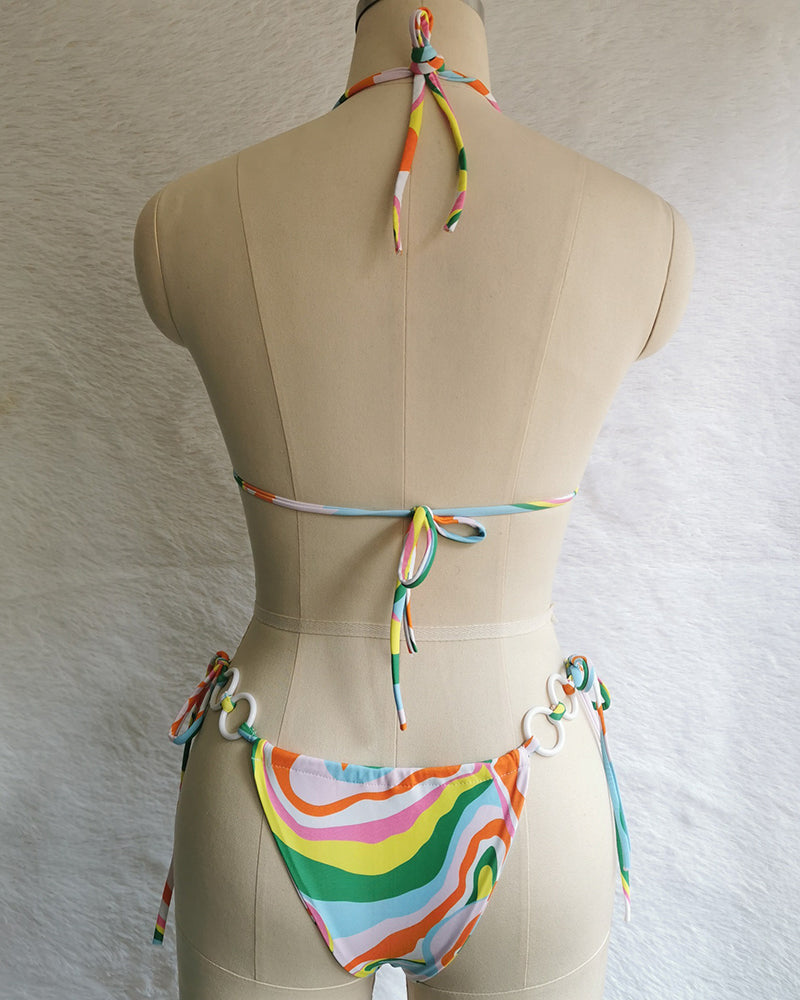 Halter Neck Solid Color Lady Tie Side String Two-piece Swimsuit White Yellow Green Red Purple Black Coffee S-L