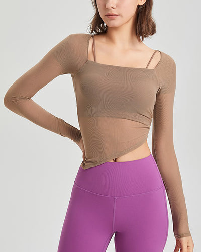 Square Collar Mesh Long Sleeve Irregular Fixed Bra Running Yoga Top S-XL