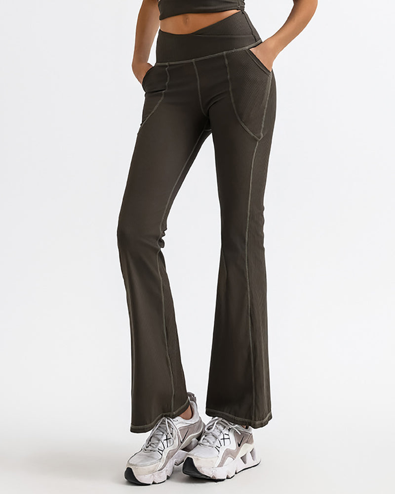 Woman High Waist High Elastic Wide Leg Sports Yoga Pants With Pocket Gray Green Blue S-L