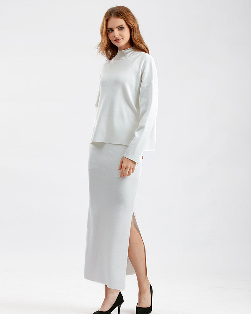 Women Autumn New Knit Casual Fashion Wear Long Sleeve Sweater Top Maxi Skirt Two Pieces Sets One Size