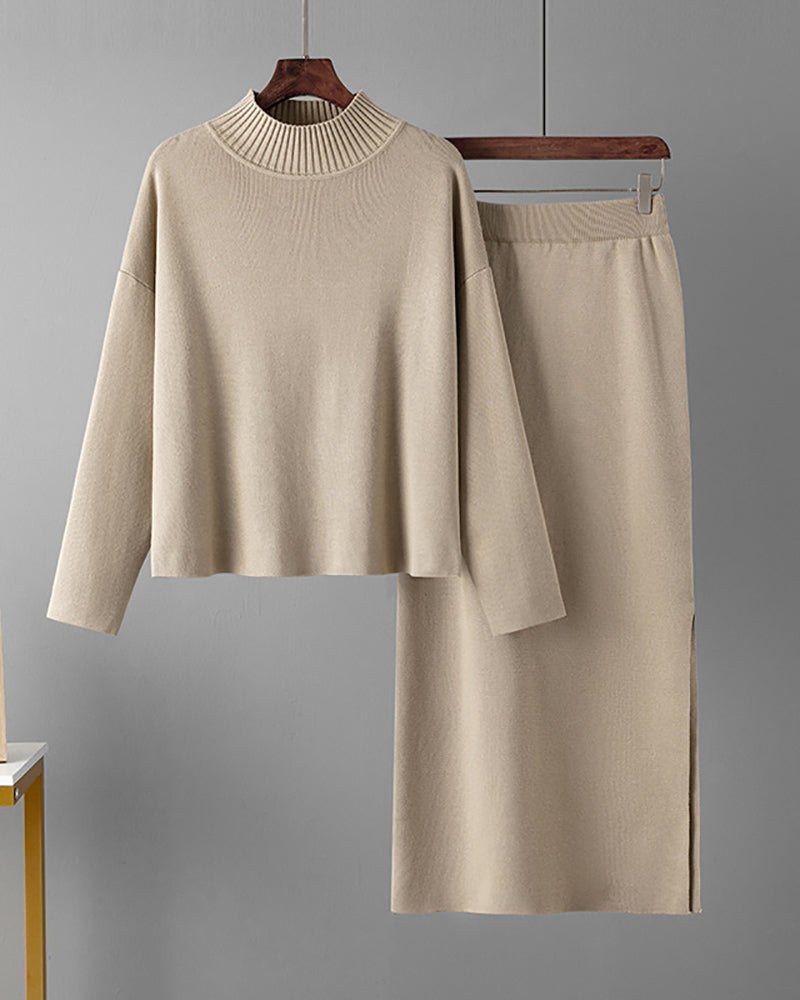 Women Autumn New Knit Casual Fashion Wear Long Sleeve Sweater Top Maxi Skirt Two Pieces Sets One Size