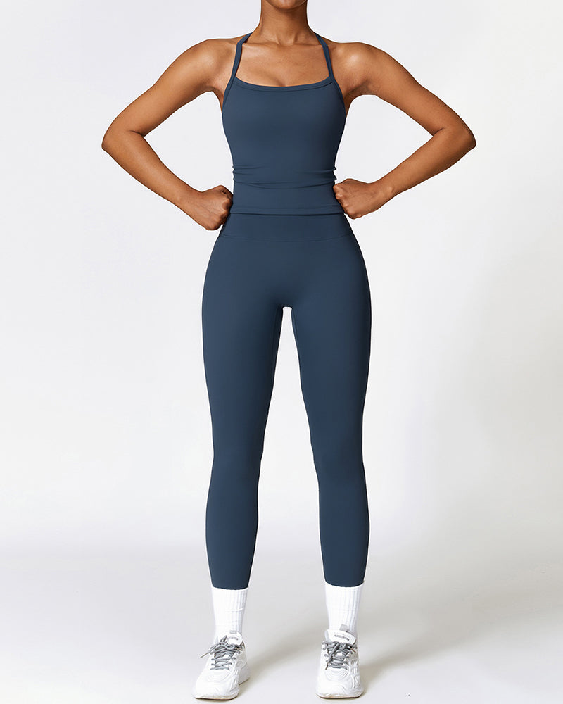 Woman Strap Vest Solid Color Pants Yoga Two-piece Sets S-XL